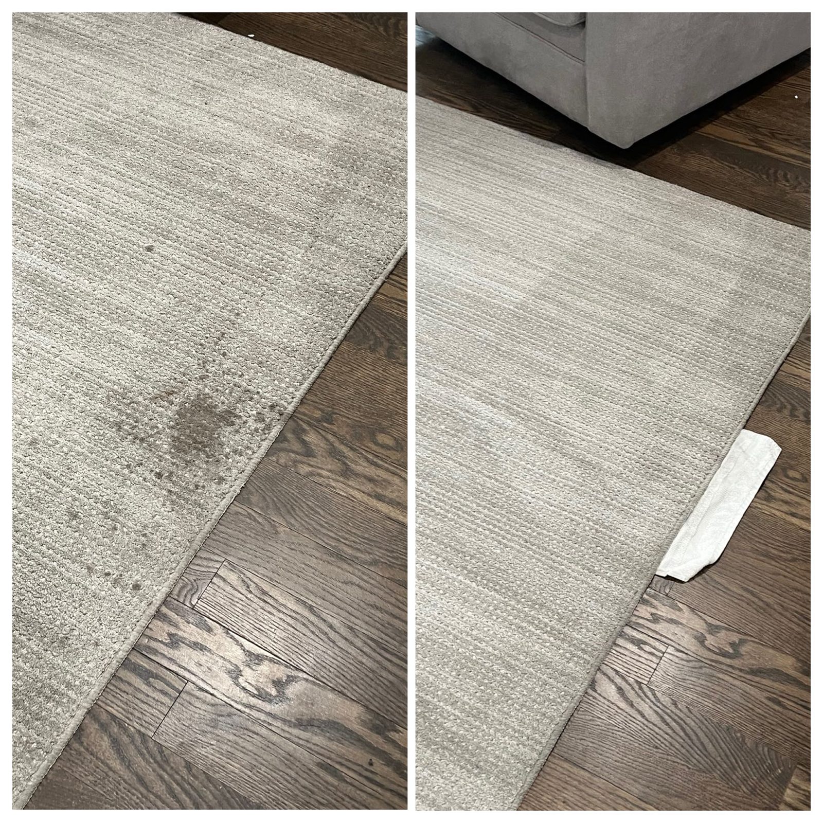 A real area rug before-and-after comparison after cleaning